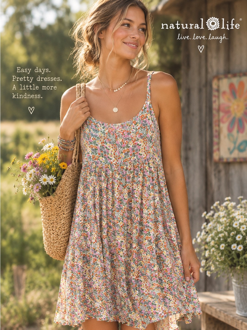 NATURAL LIFE Floral Spaghetti-Strap Dress - Pink, Orange & Green